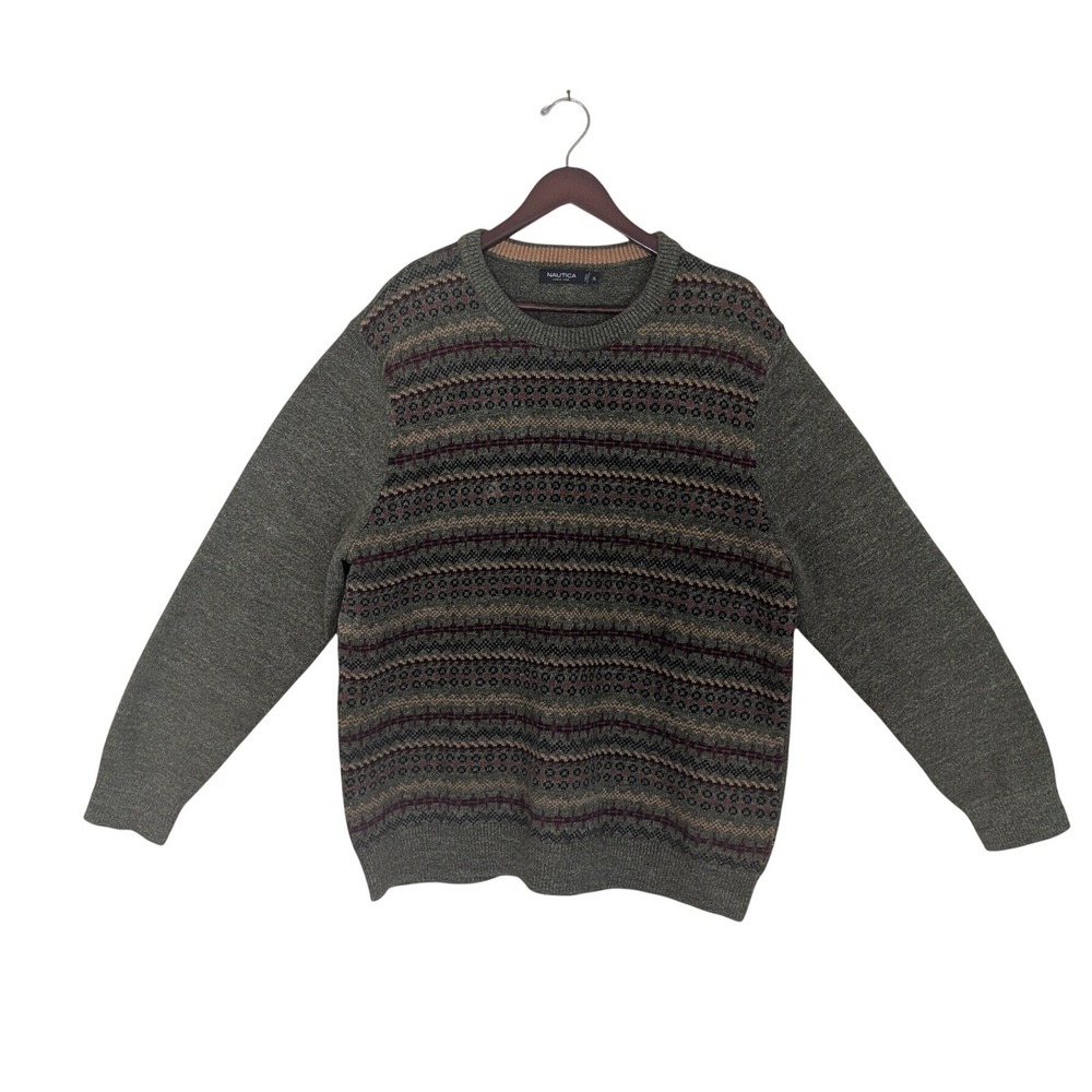 Nautica Mens XL Olive Green Fair Isle‎ Cotton Knit Crewneck Sweater VFN 33
